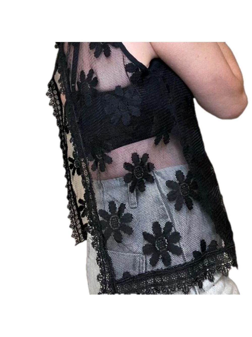 Black Sheer Lace Daisy Flower Sleeveless Top with Open Back S/M - Picture 2 of 14